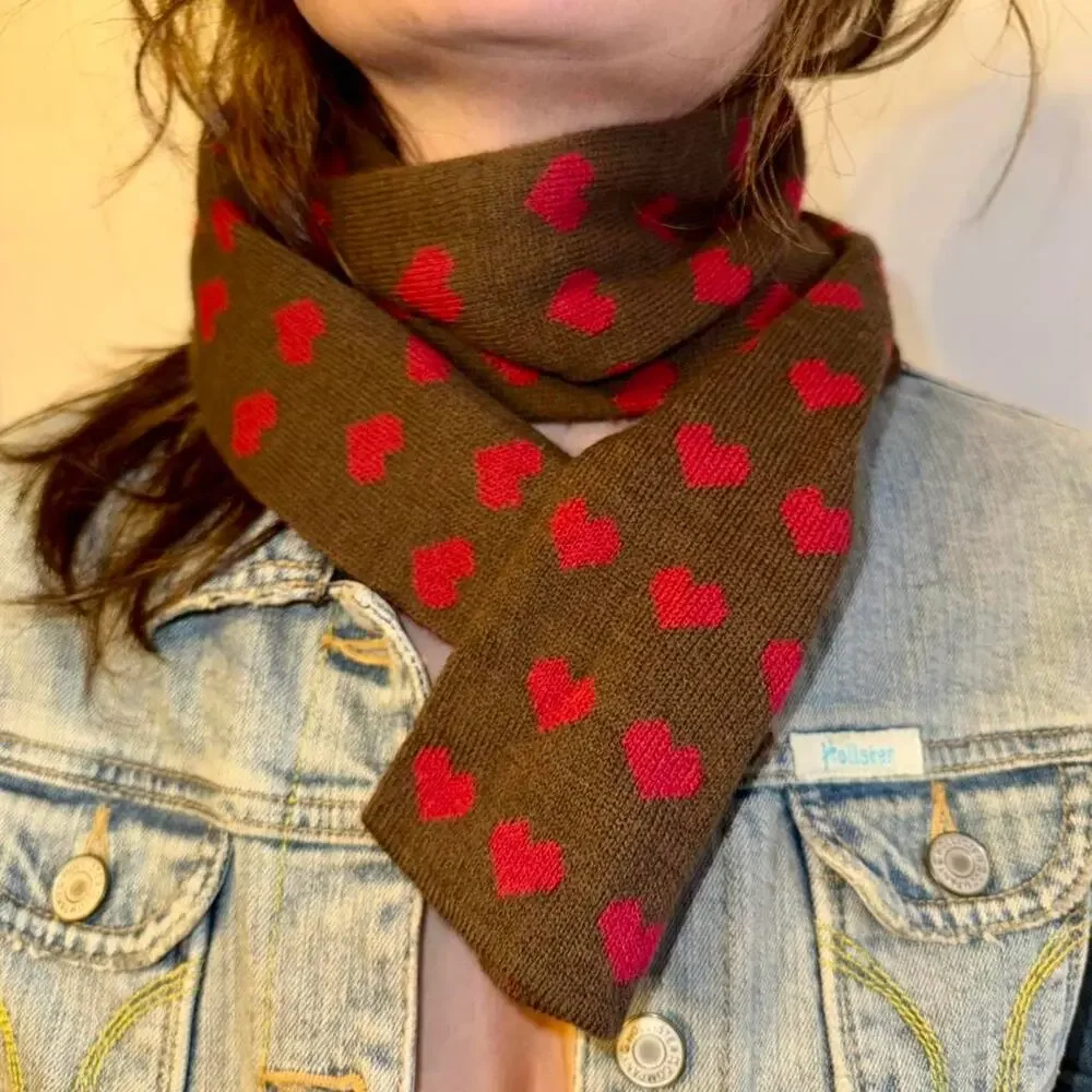 Knit chocolate brown hearts scarf